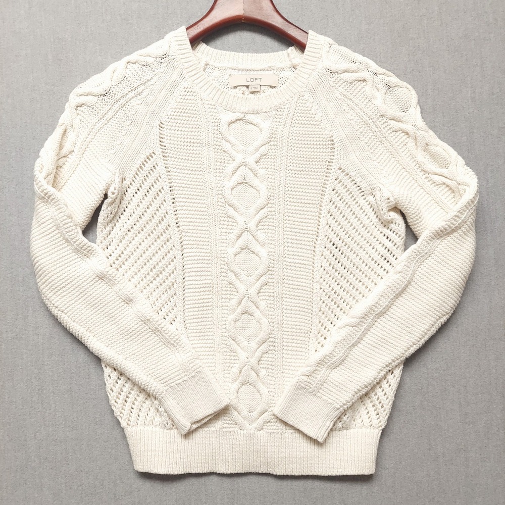 LOFT Womens S Cream Cable Knit Sweater Crew Neck Chunky Pullover Preppy Classic